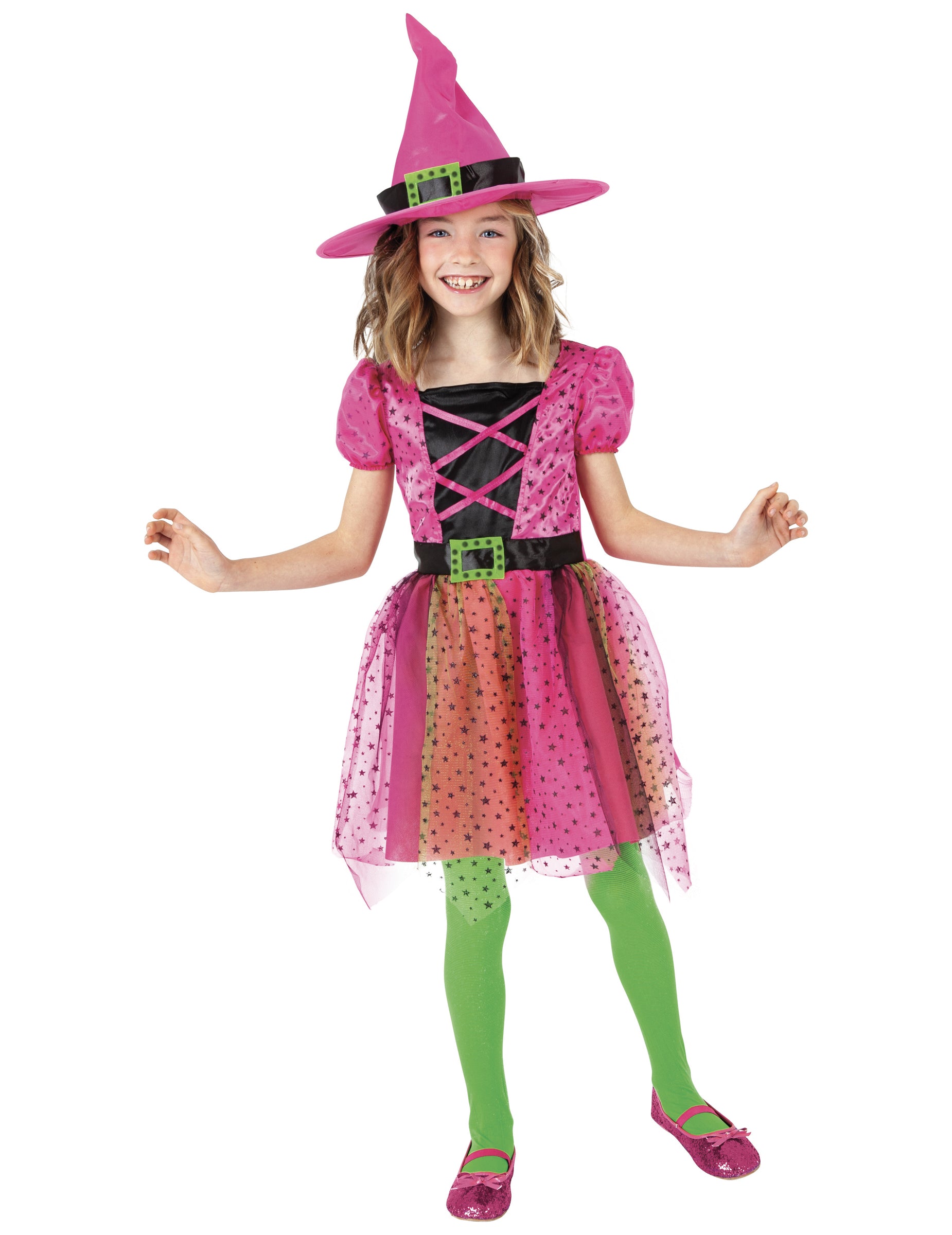 Déguisement tutu sorcière pour fille rose avec chapeau et motifs étoiles