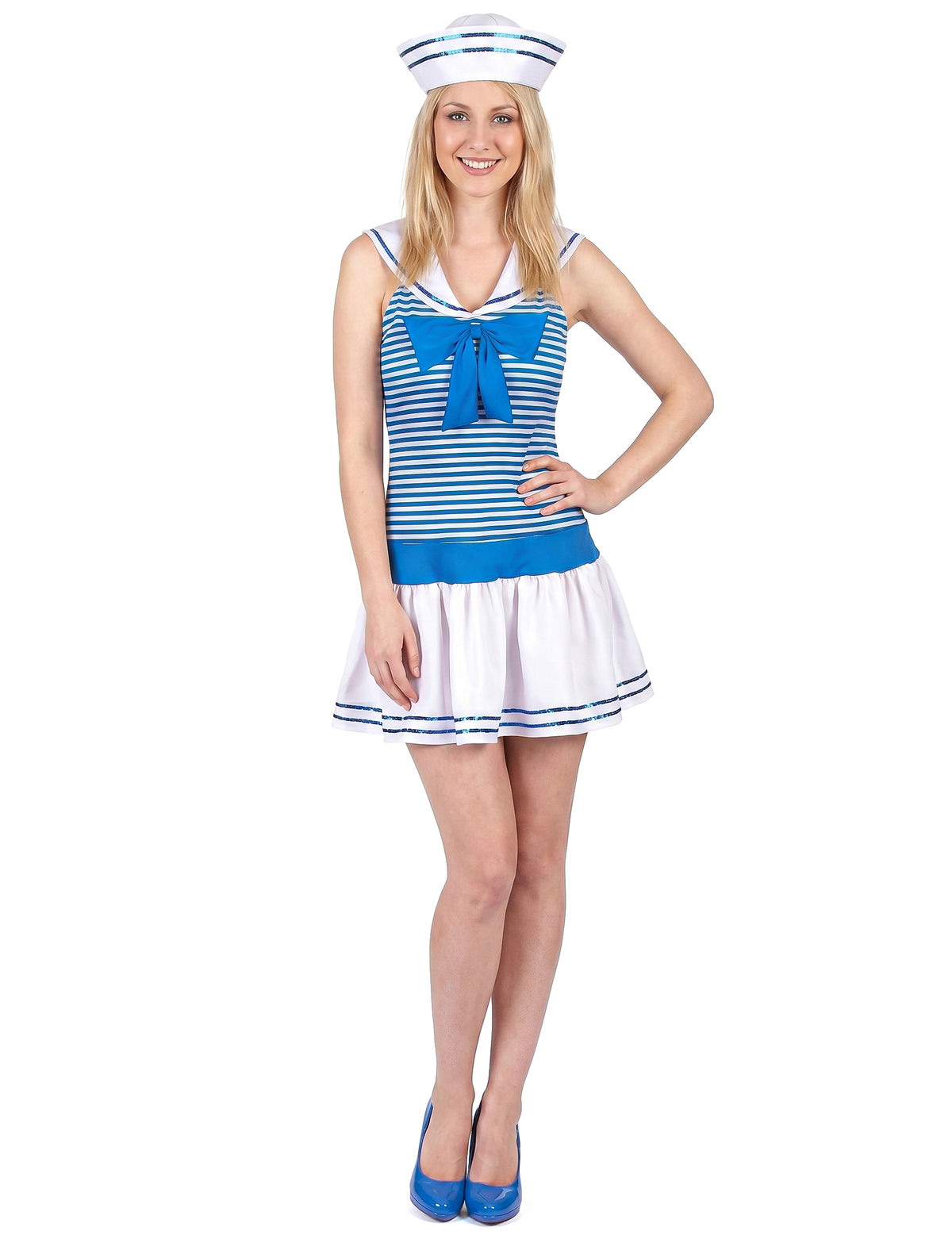 Déguisement uniforme marin sexy pour femme bleu et blanc avec chapeau