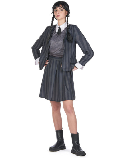 Vue de face de plain-pied du déguisement uniforme scolaire gothique pour femme