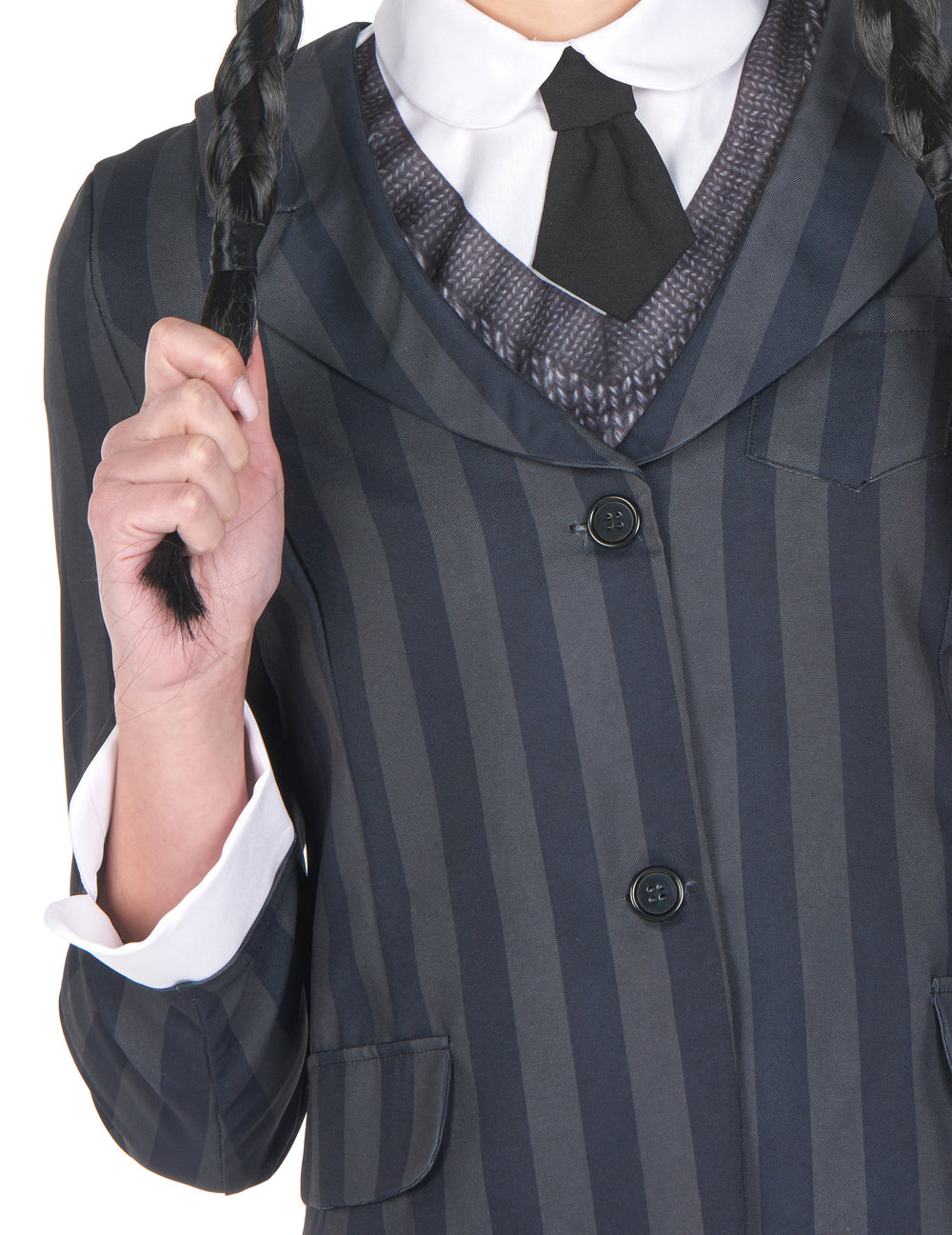 Détail de la veste à rayures et de la cravate du déguisement uniforme scolaire gothique