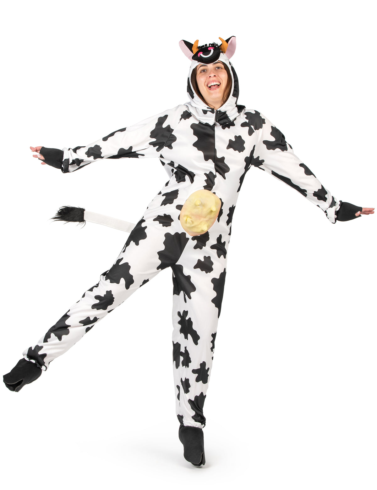 Vue de face en mouvement du déguisement de vache pour adulte