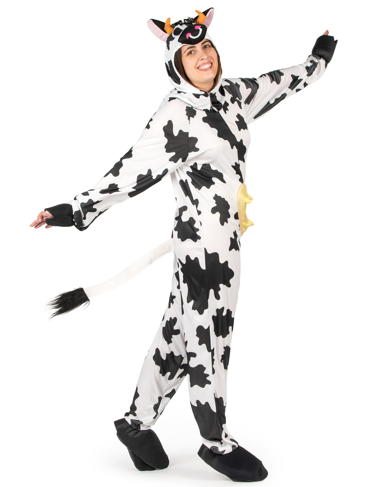 Vue de profil montrant la queue du déguisement de vache pour adulte