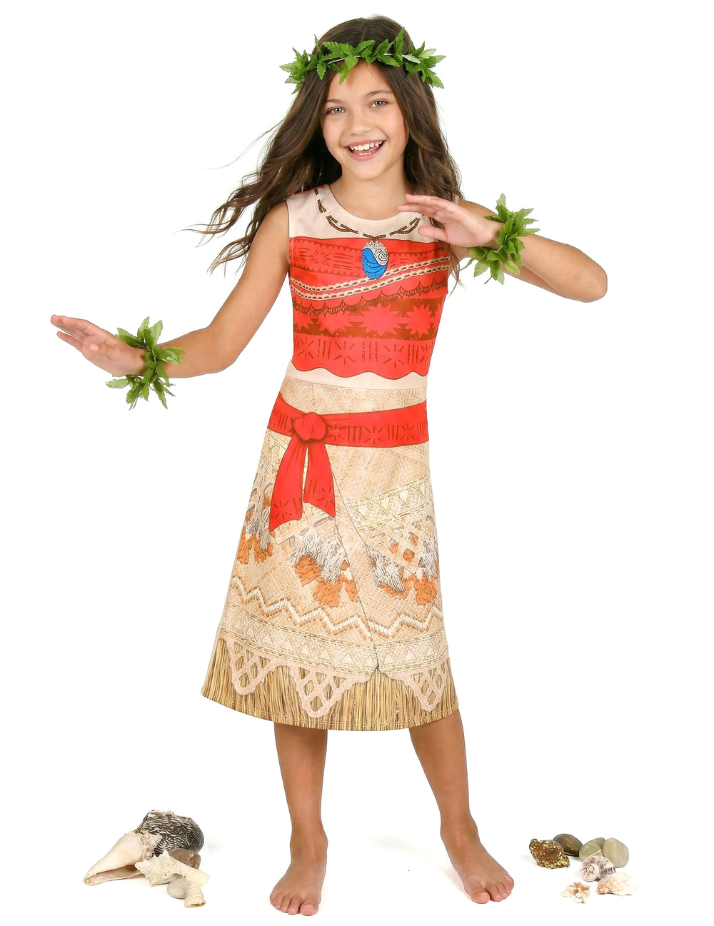 Déguisement Vaiana basique pour fille orange et beige avec accessoires de feuilles