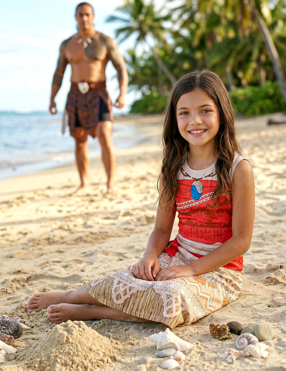 Mise en situation sur une plage du déguisement Vaiana basique