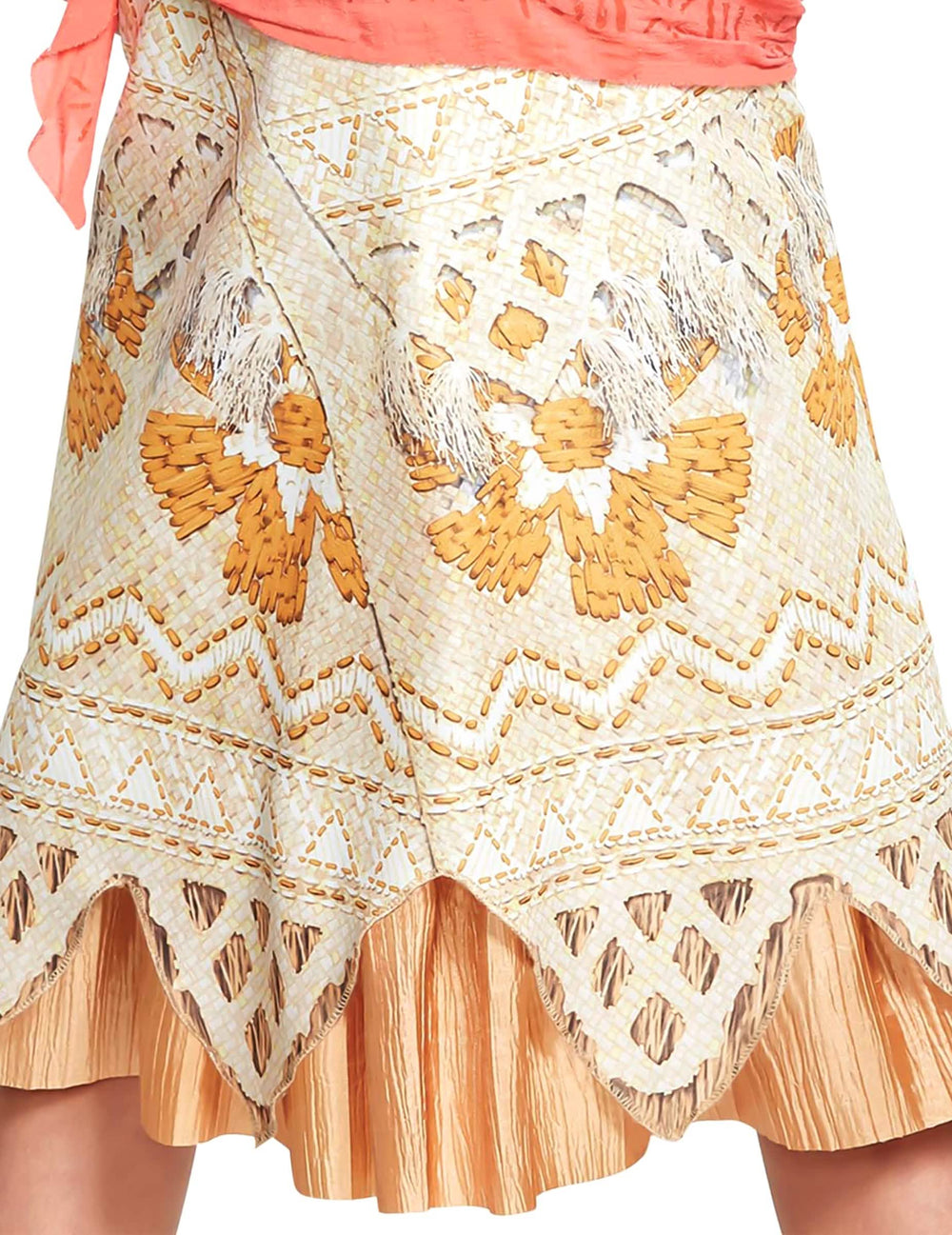 Détail des motifs et des franges de la jupe du déguisement deluxe Vaiana pour fille