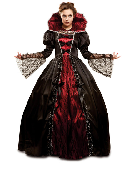 Déguisement vampire baroque luxe pour femme noir et rouge avec dentelle