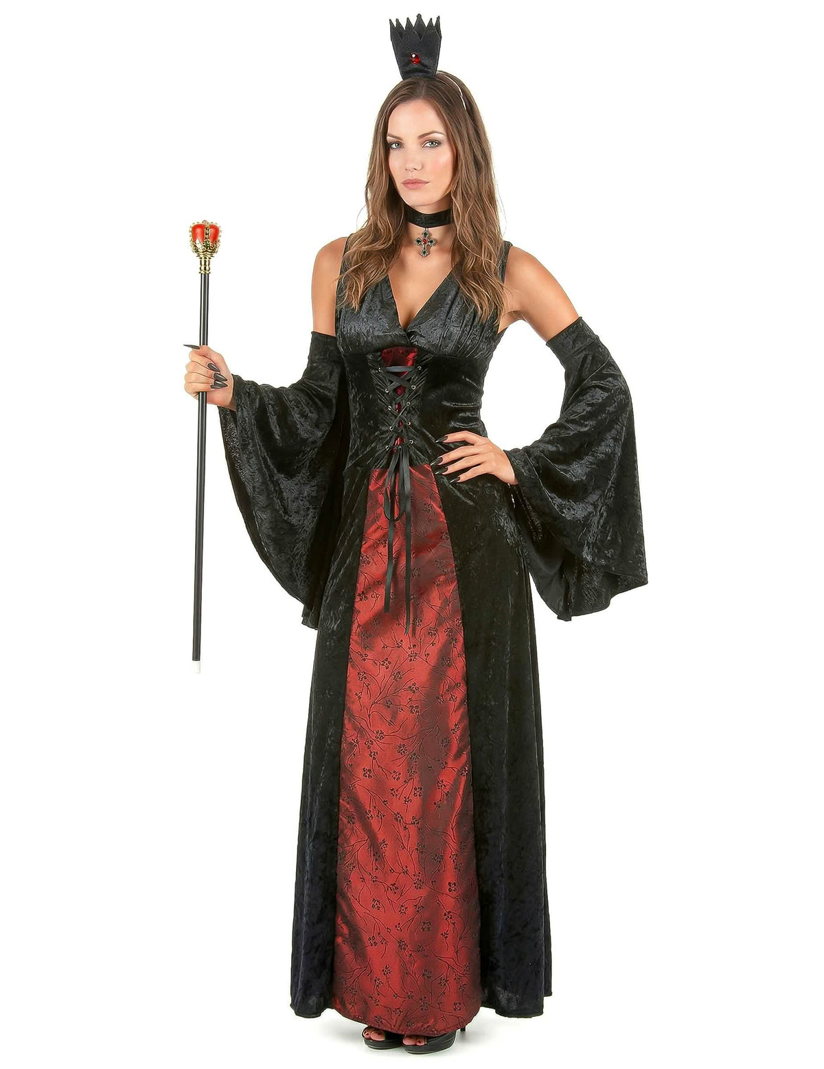 Disfarce de vampiro chique para mulher preto e vermelho com coroa e cetro
