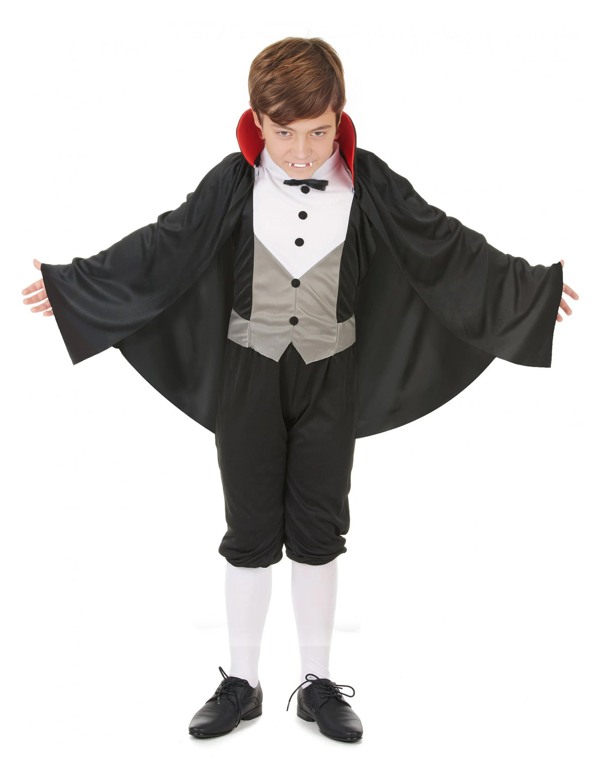 Déguisement de vampire chic pour garçon noir et gris avec cape à col rouge