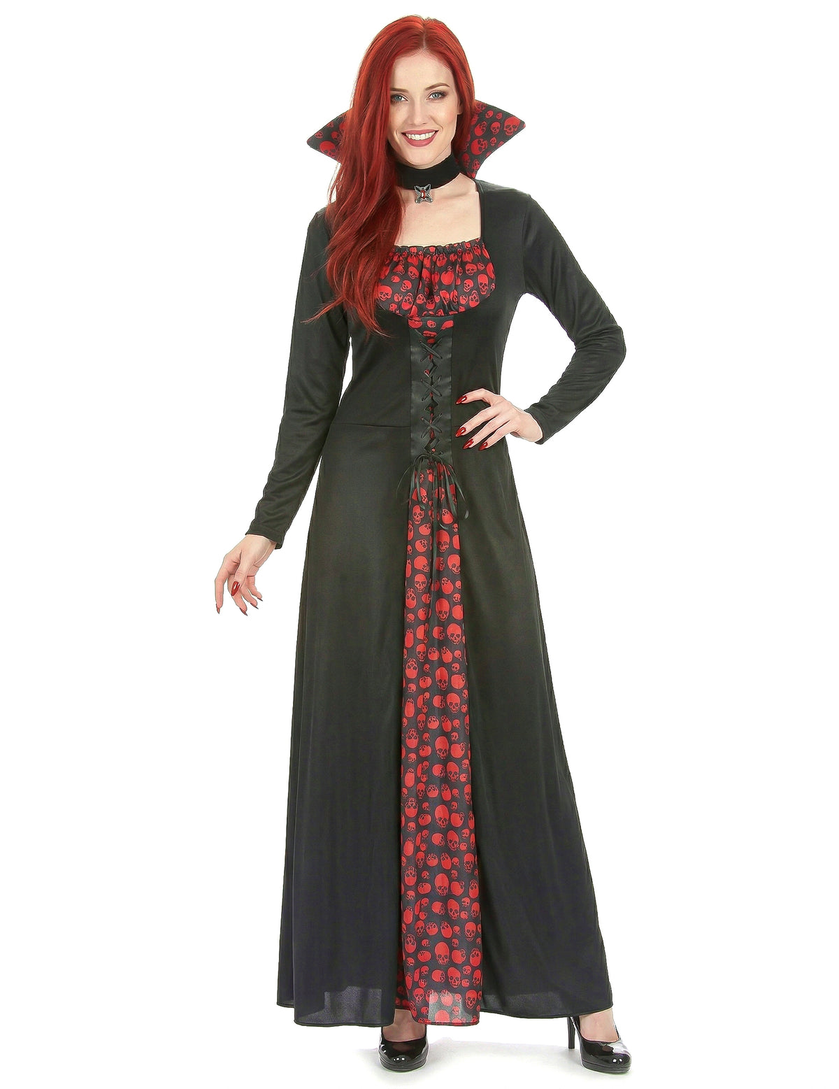 Déguisement de vampire élégant pour femme noir et rouge à motifs de têtes de mort
