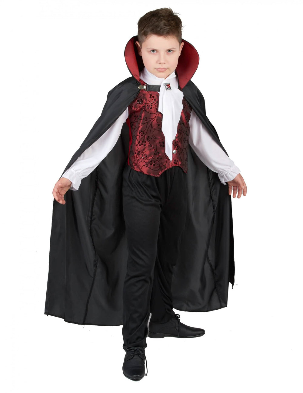 Fato de vampiro elegante para menino preto e vermelho com capa de colarinho alto e plastrão branco