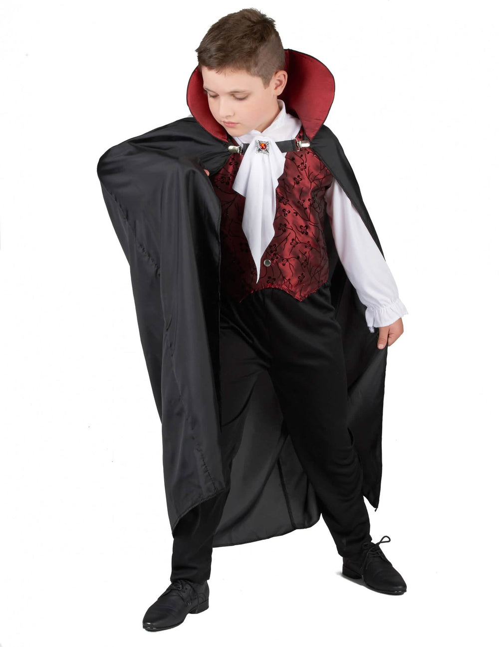 Vista de perfil do fato de vampiro elegante para menino