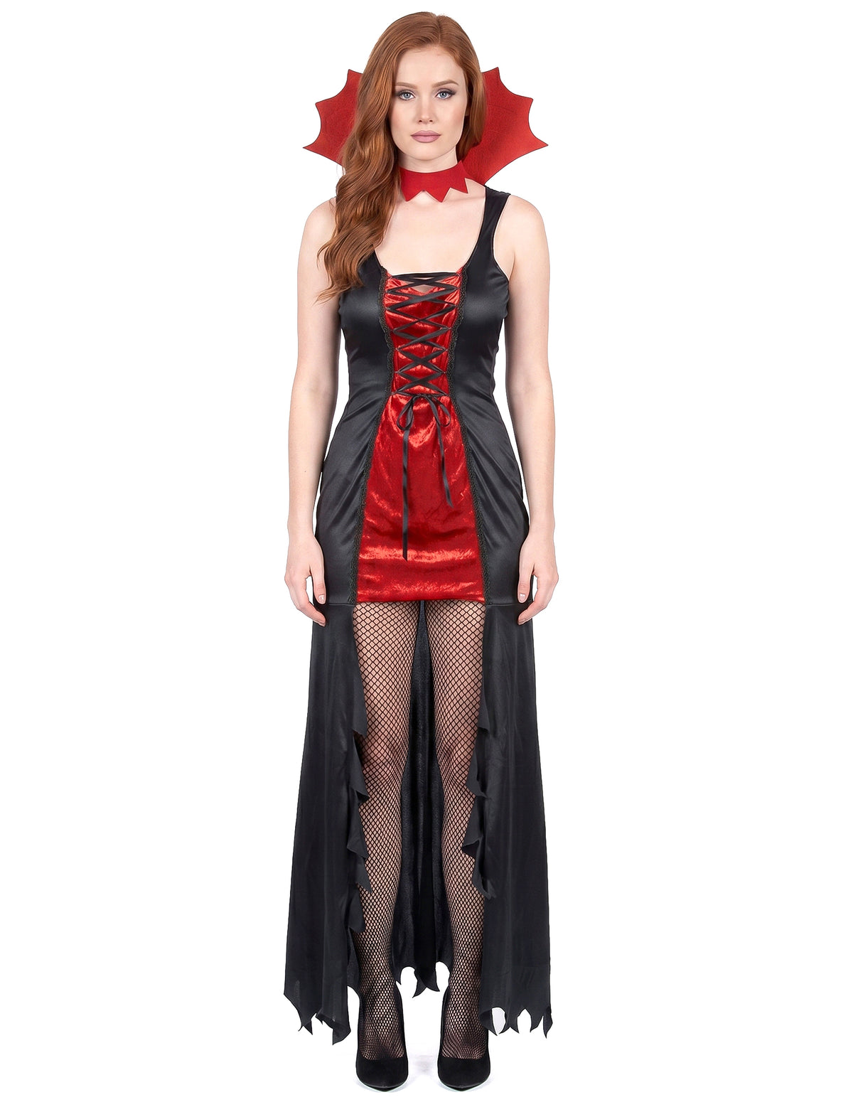 Disfarce vampira mulher vermelho e preto Halloween