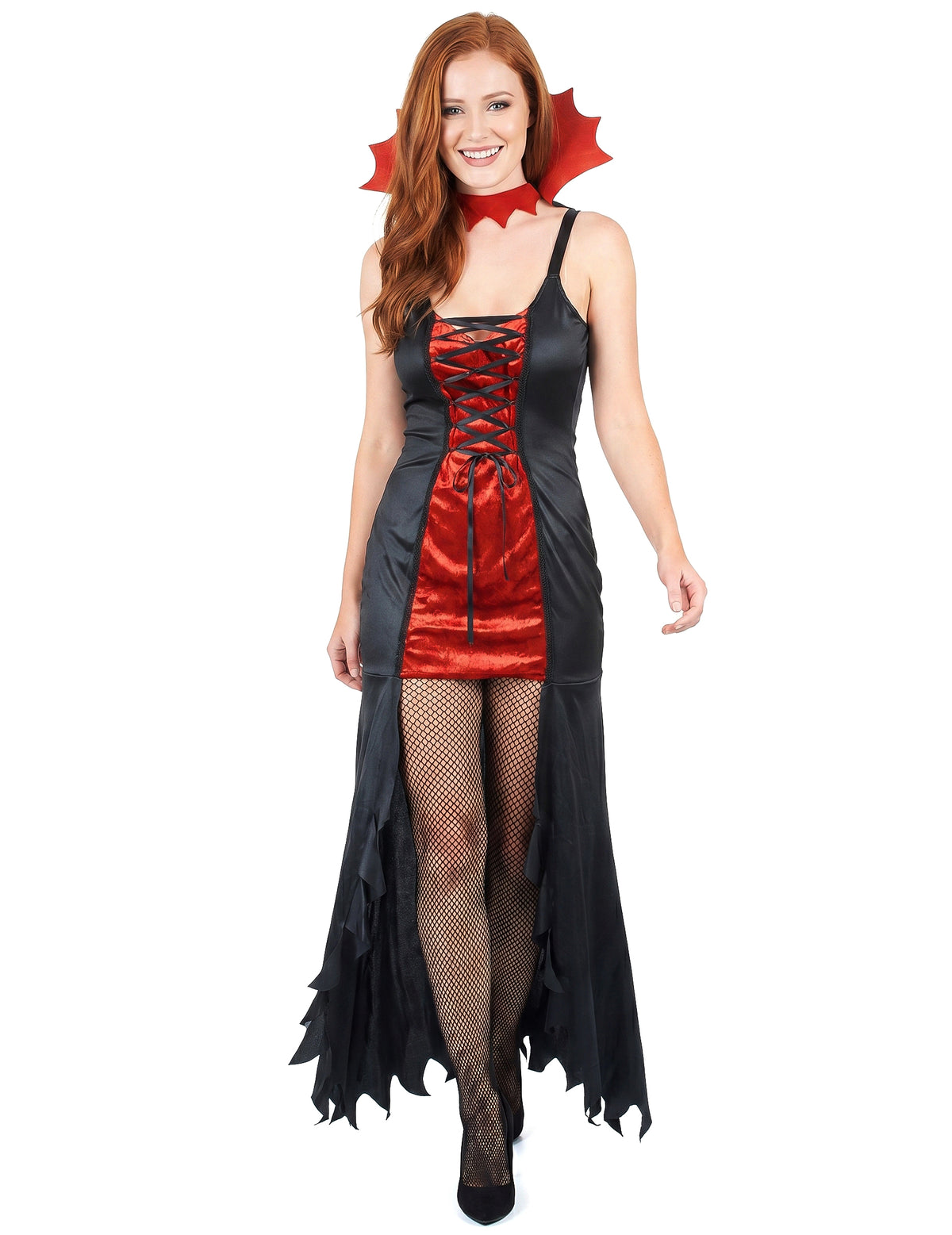 Disfarce vampira mulher vermelho e preto Halloween