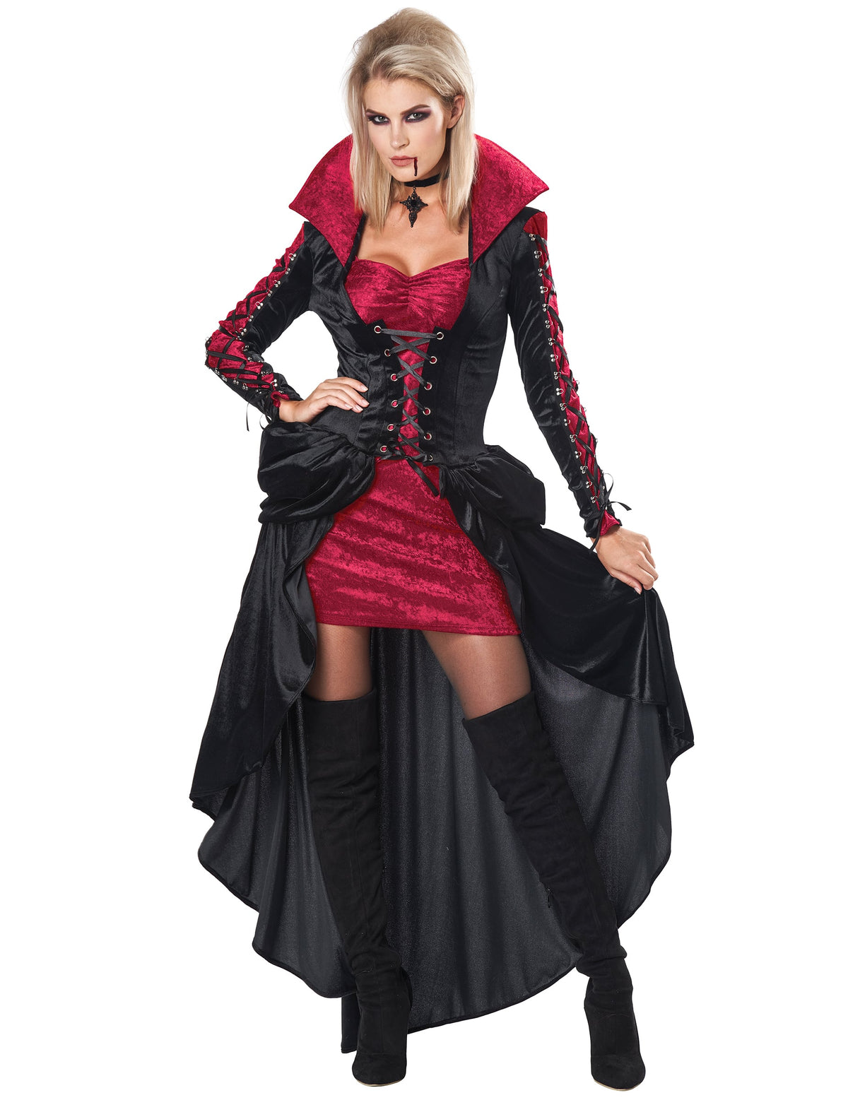Déguisement de vampire à laçages luxe pour femme rouge et noir