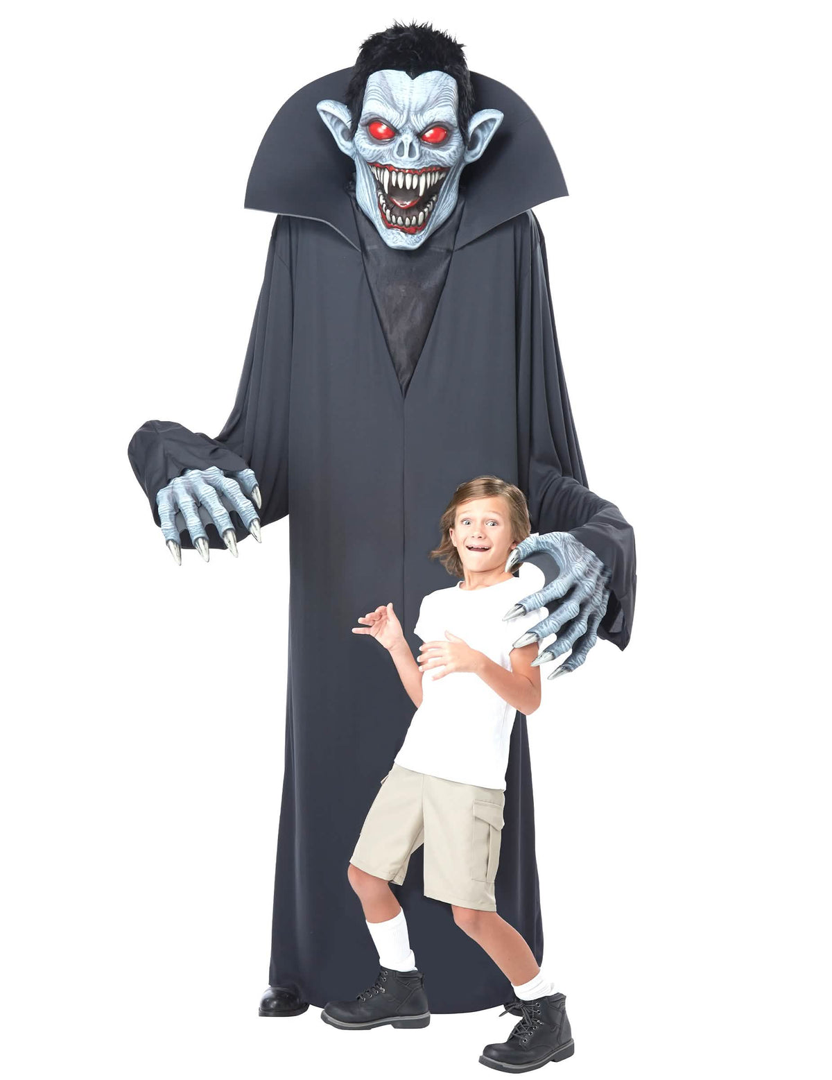 Fato de vampiro gigante 2 em 1 para adulto preto com máscara azul de olhos vermelhos
