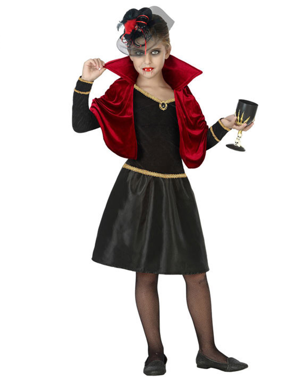 Déguisement de vampire glamour pour fille noir et rouge avec cape à col montant