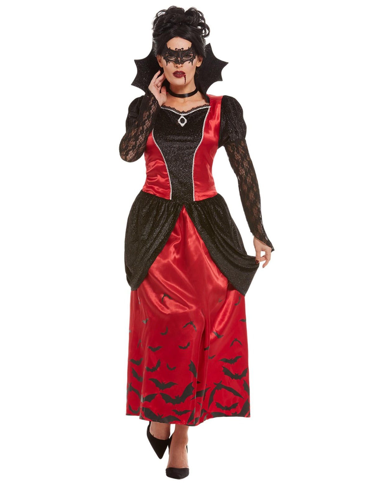 Déguisement de vampire gothique masquée pour femme rouge et noir avec chauves-souris