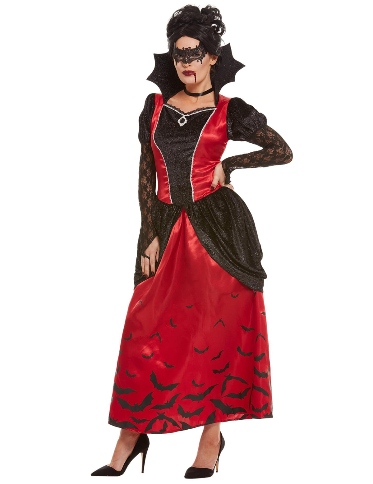 Vue de face du déguisement de vampire gothique masquée pour femme