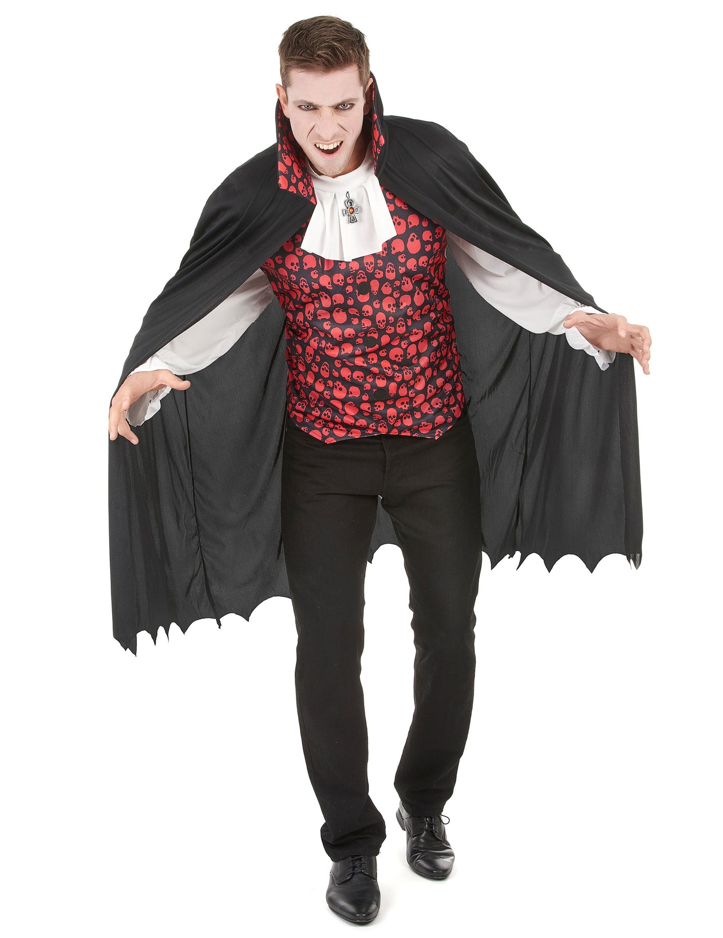 Déguisement vampire pour homme noir et rouge avec gilet à motifs têtes de mort