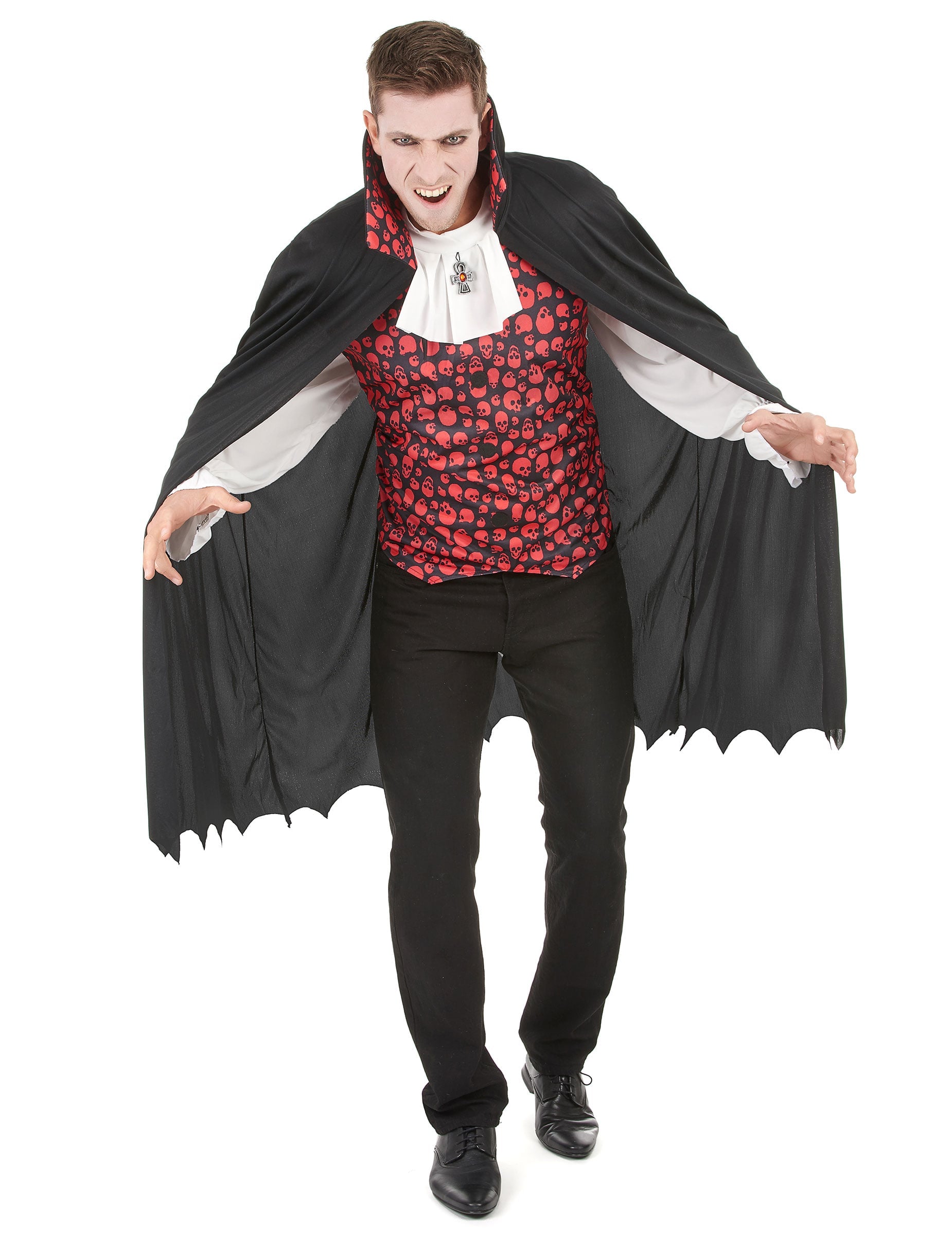Déguisement vampire pour homme noir et rouge avec gilet à motifs têtes de mort
