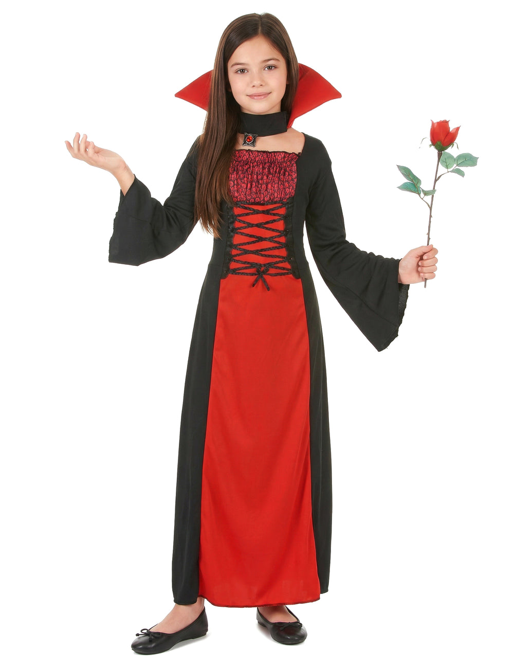 Vue de dos du déguisement long de vampire pour fille