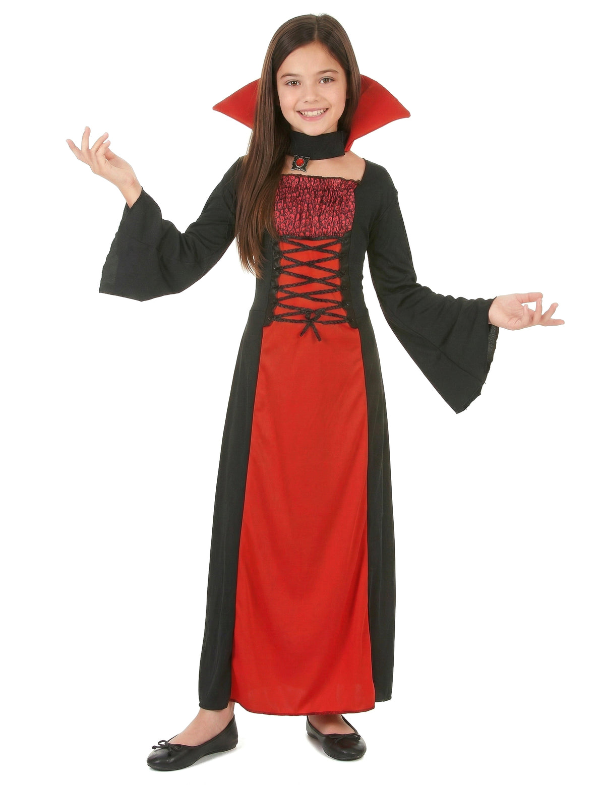 Vue de face du déguisement de vampire long pour fille