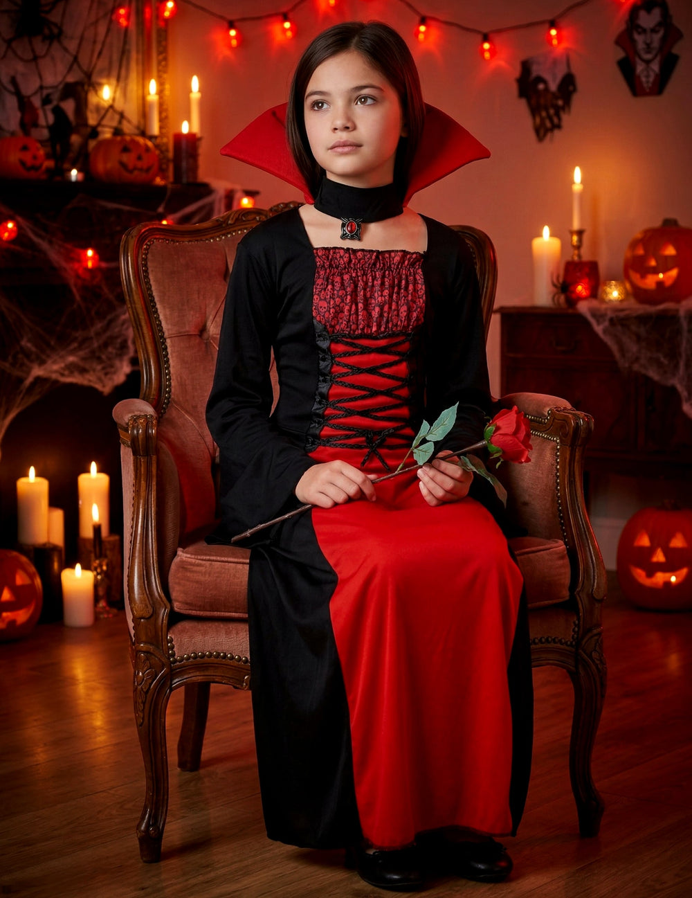 Mise en situation avec rose du déguisement de vampire long pour fille