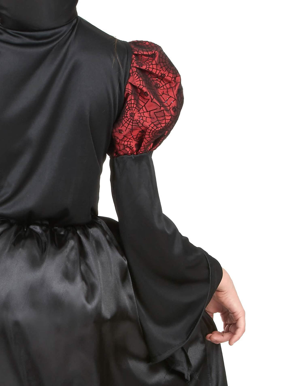 Détail de la manche à motifs toiles d'araignée du déguisement vampire manches bouffantes