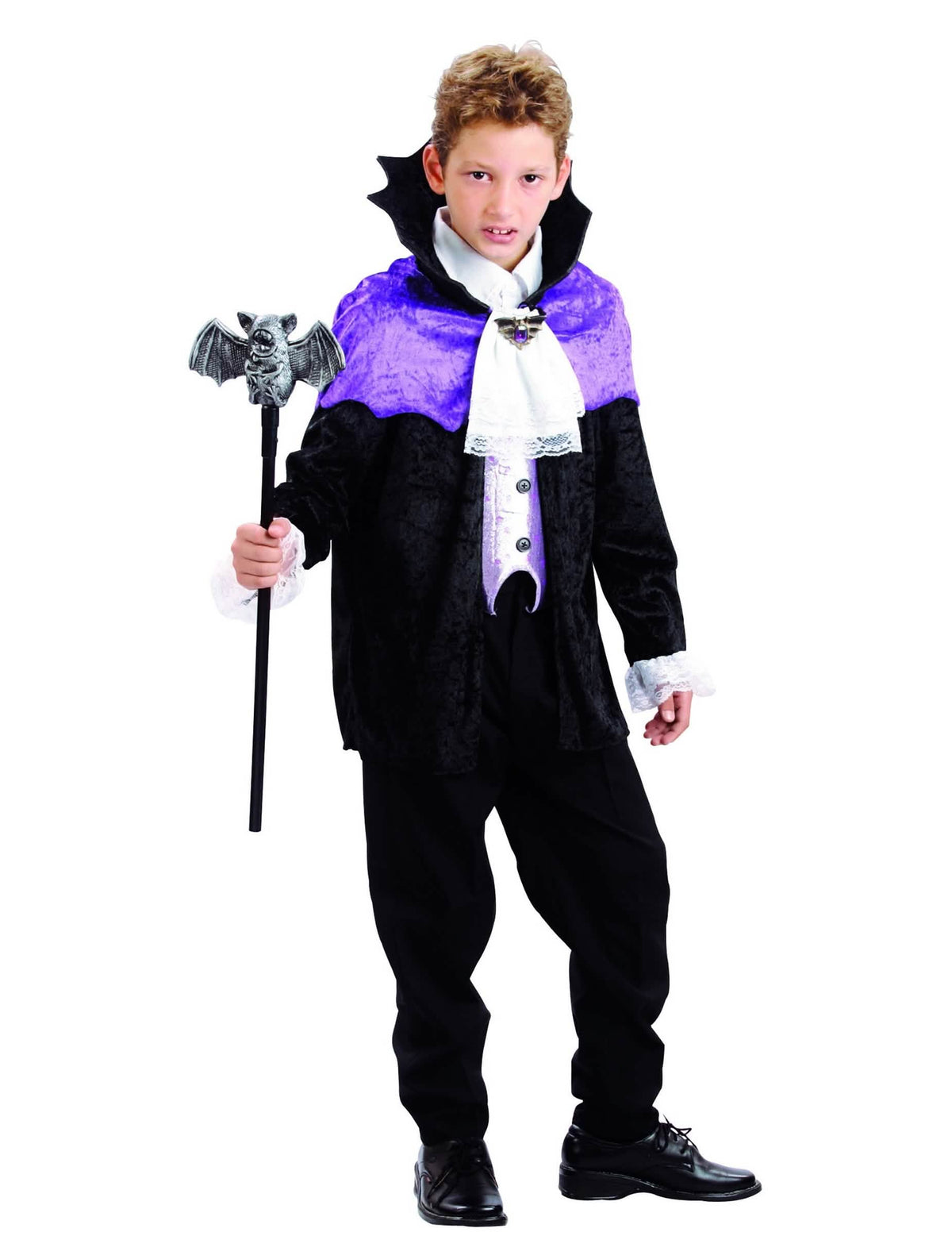 Déguisement vampire pour garçon noir et violet avec jabot blanc et cape à col haut