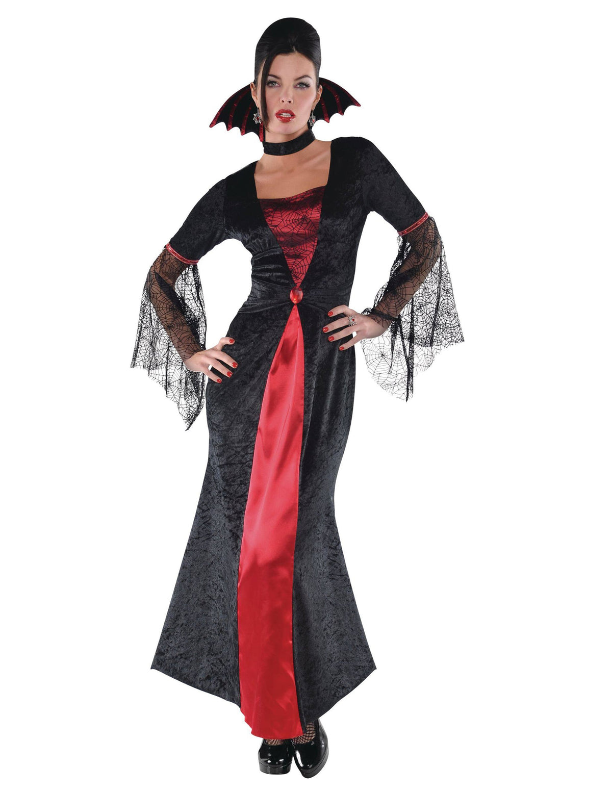 Déguisement de vampire pour femme rouge et noir avec manches en toile d'araignée