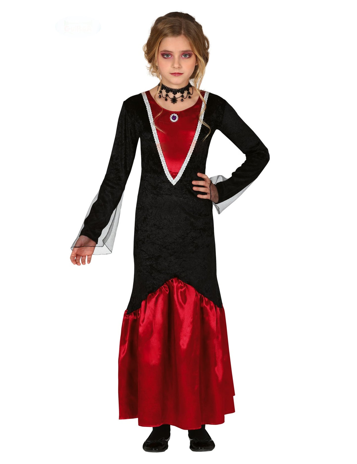Déguisement de vampire pour fille rouge et noir avec finitions argentées