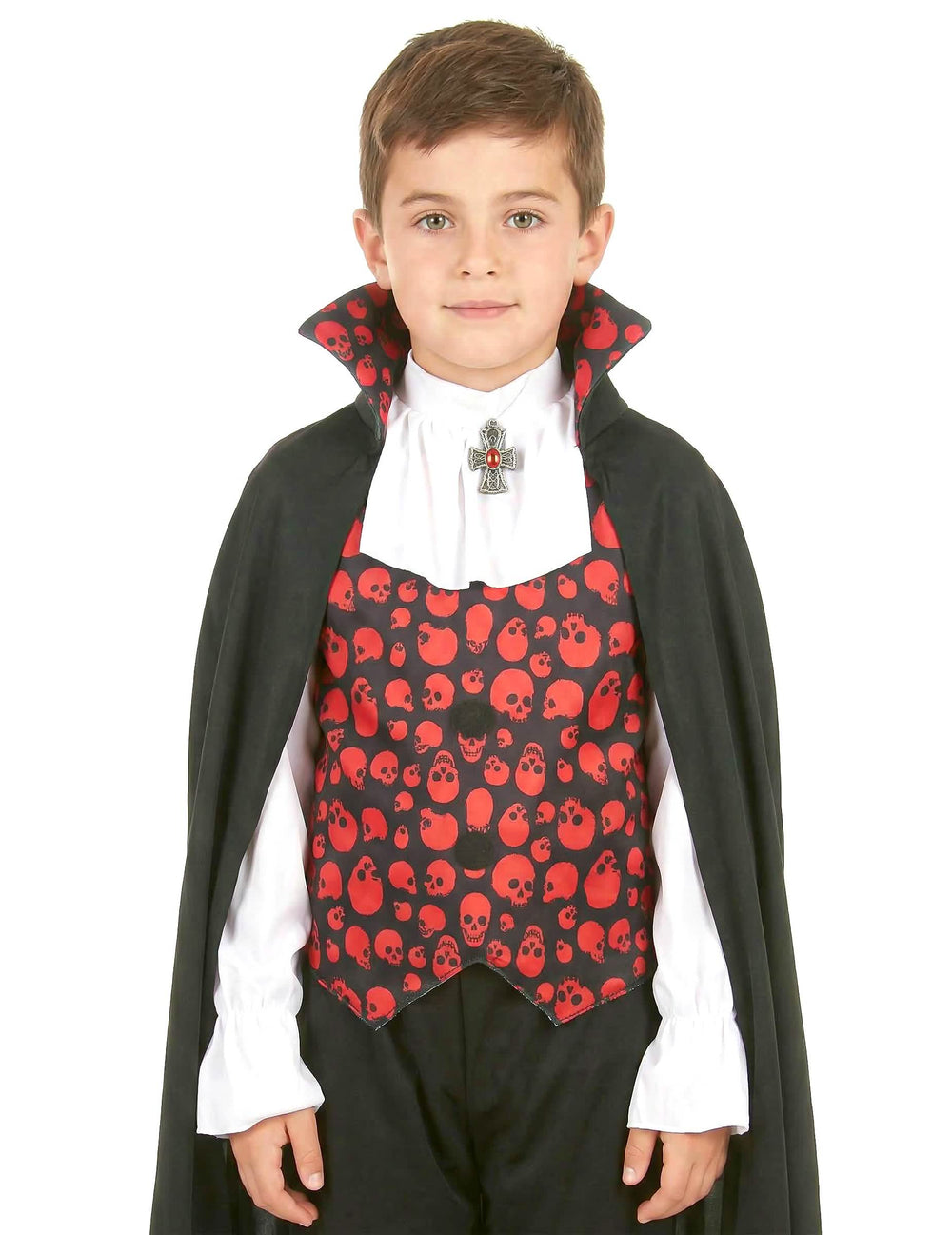 Grande plano do jabot e do medalhão do disfarce de vampiro para menino vermelho