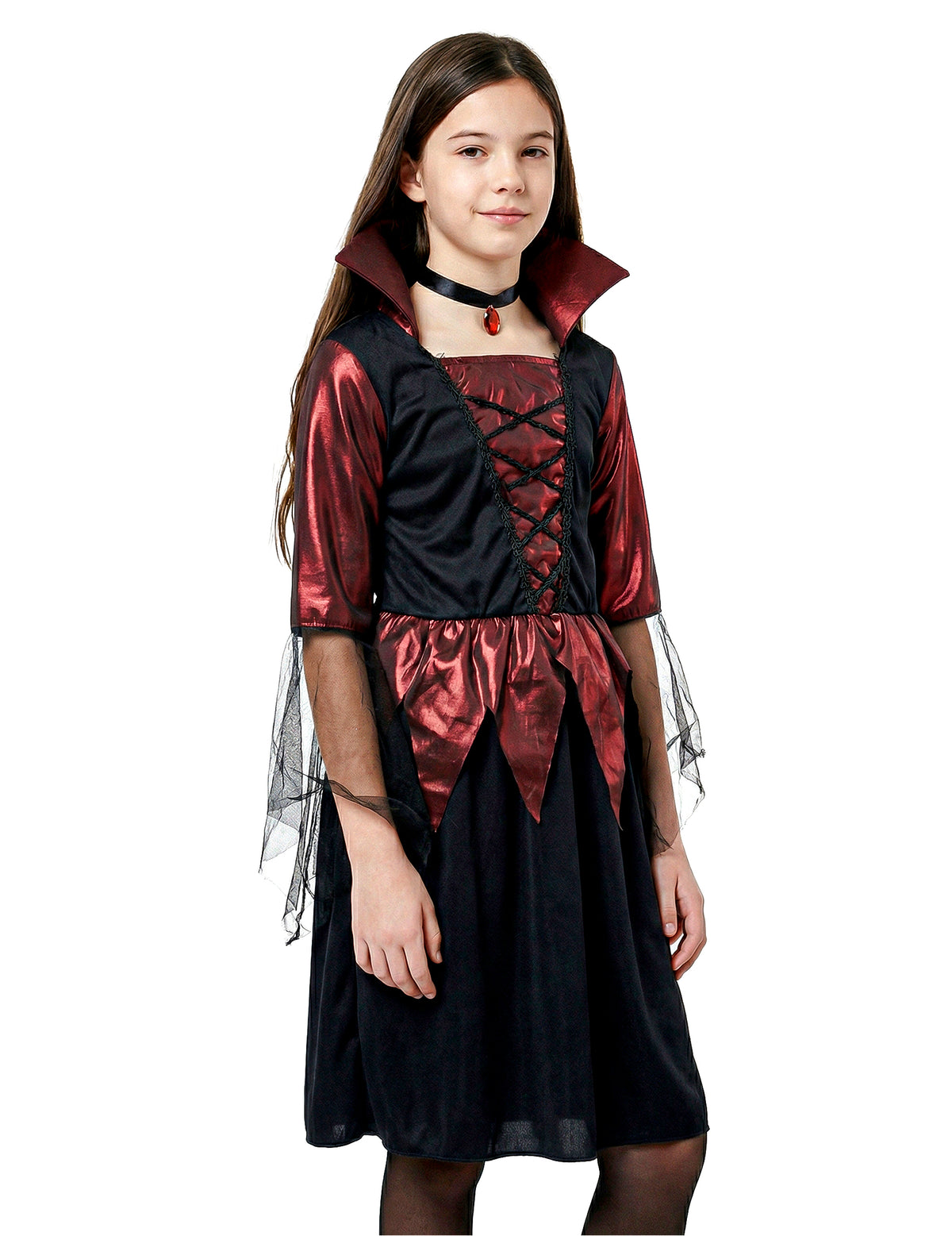 Vue de trois-quarts du déguisement vampire satiné pour fille