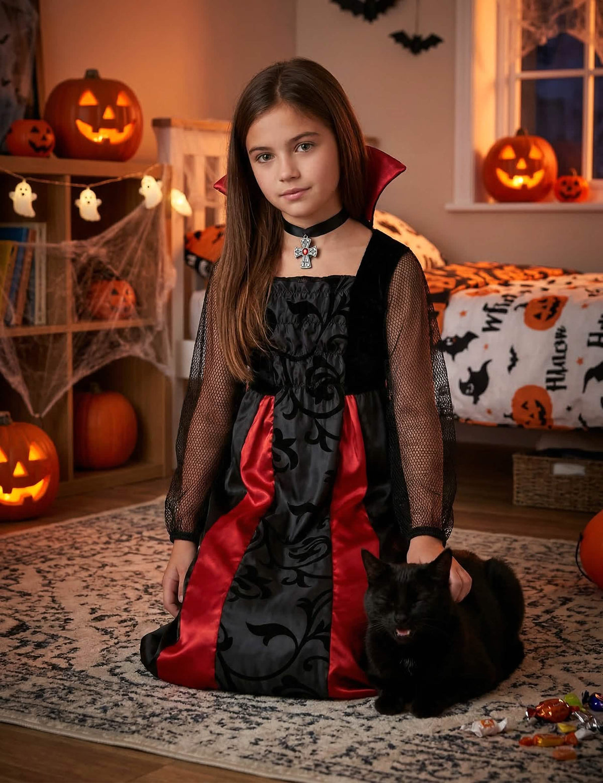 Em cenário num cenário de halloween do disfarce Vampiro acetinado para menina