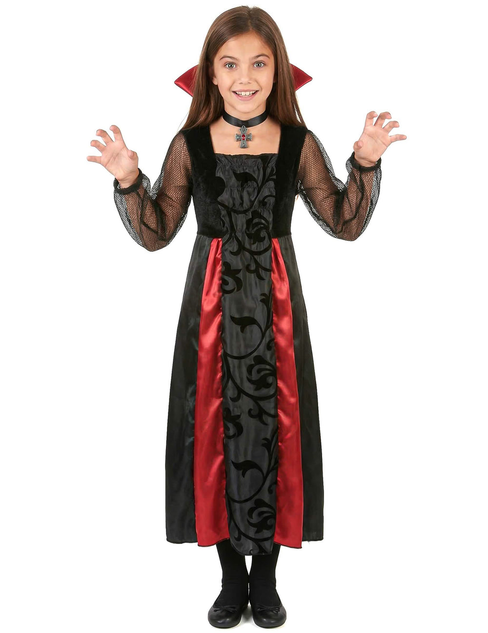 Fato de vampiro acetinado para menina preto e vermelho com gola e medalhão
