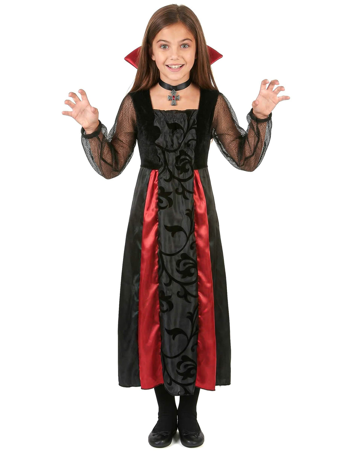 Fato de vampiro acetinado para menina preto e vermelho com gola e medalhão