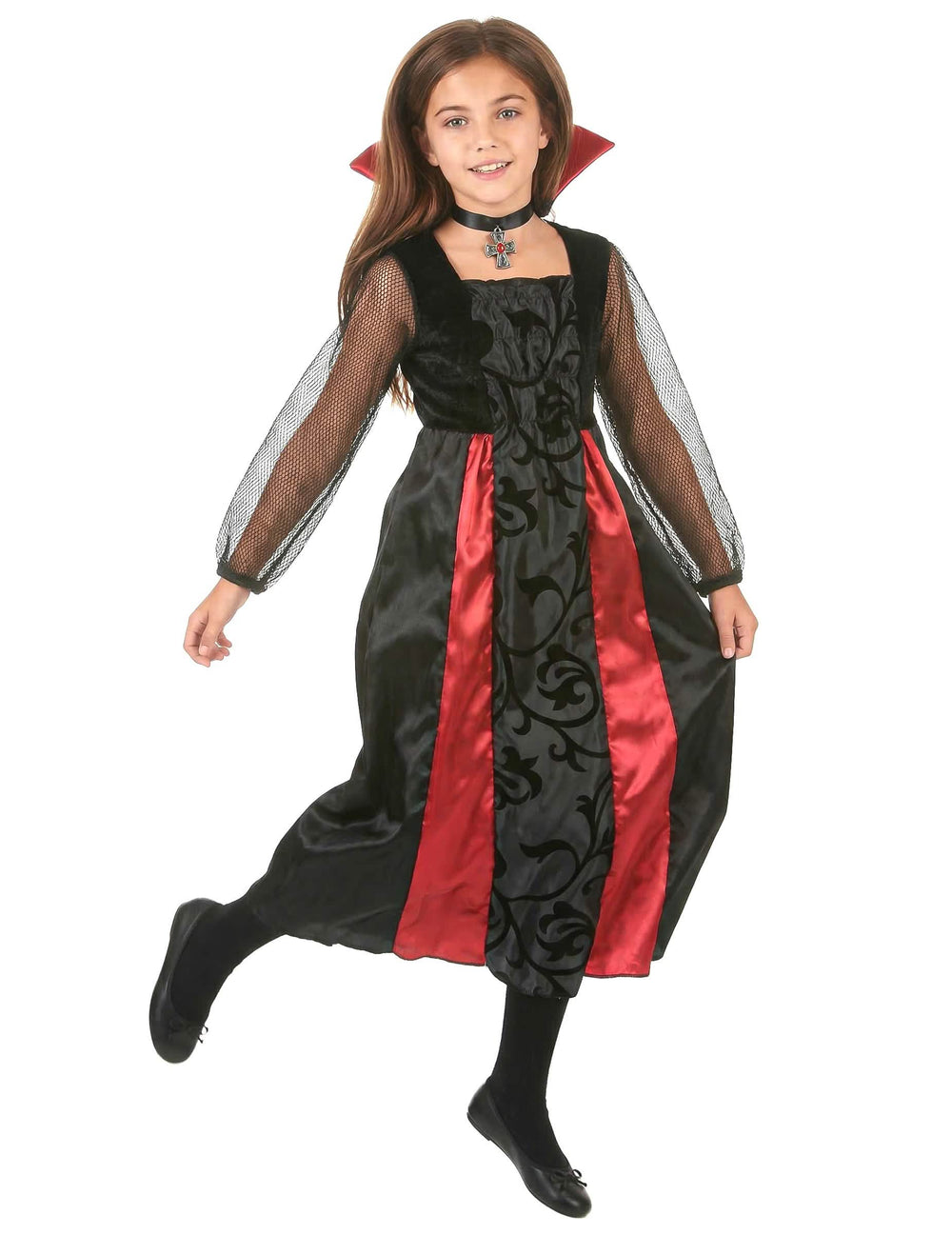 Vista frontal do fato de vampiro acetinado para menina