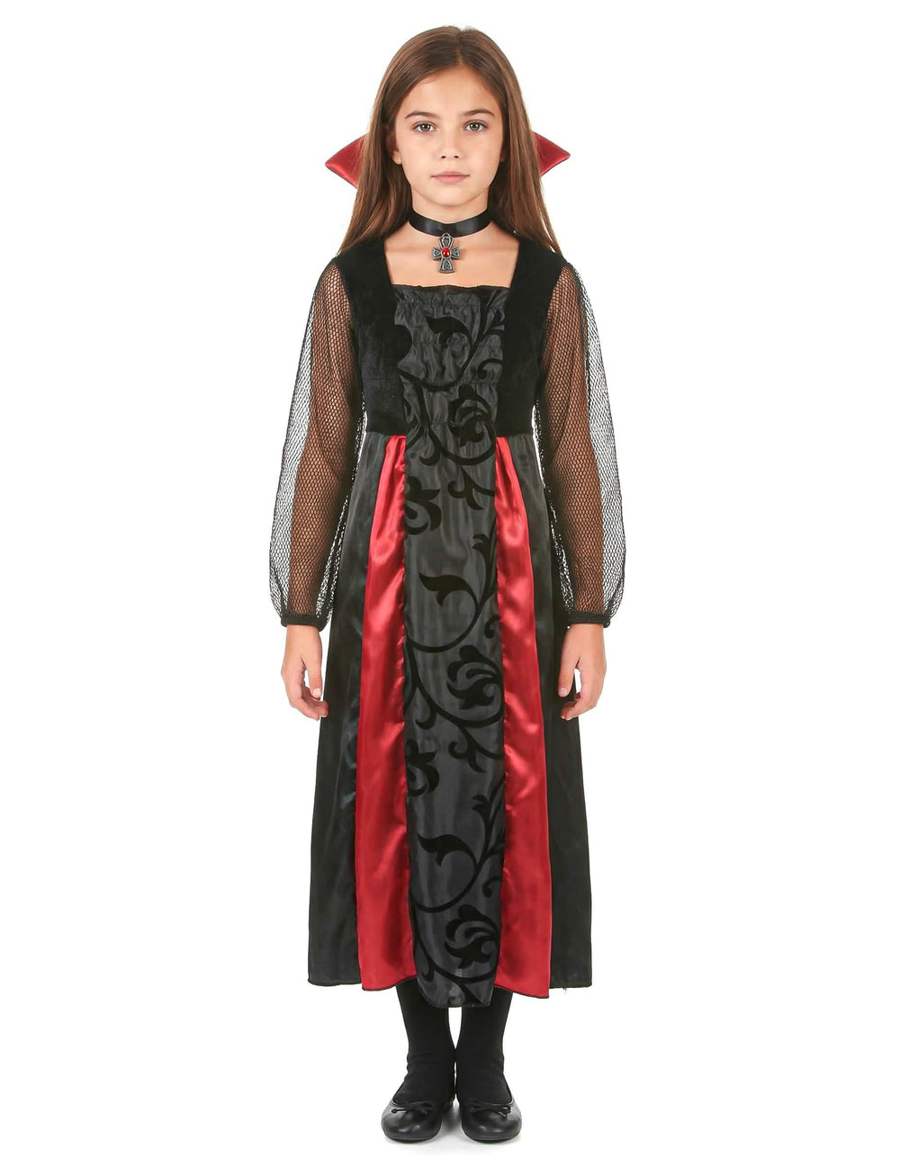 Vista frontal do fato de vampiro acetinado para menina