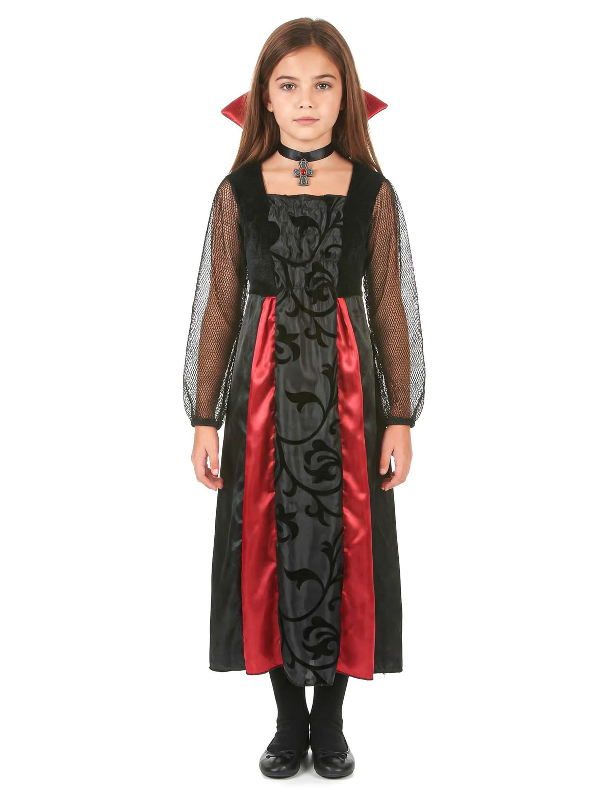 Vista frontal do fato de vampiro acetinado para menina