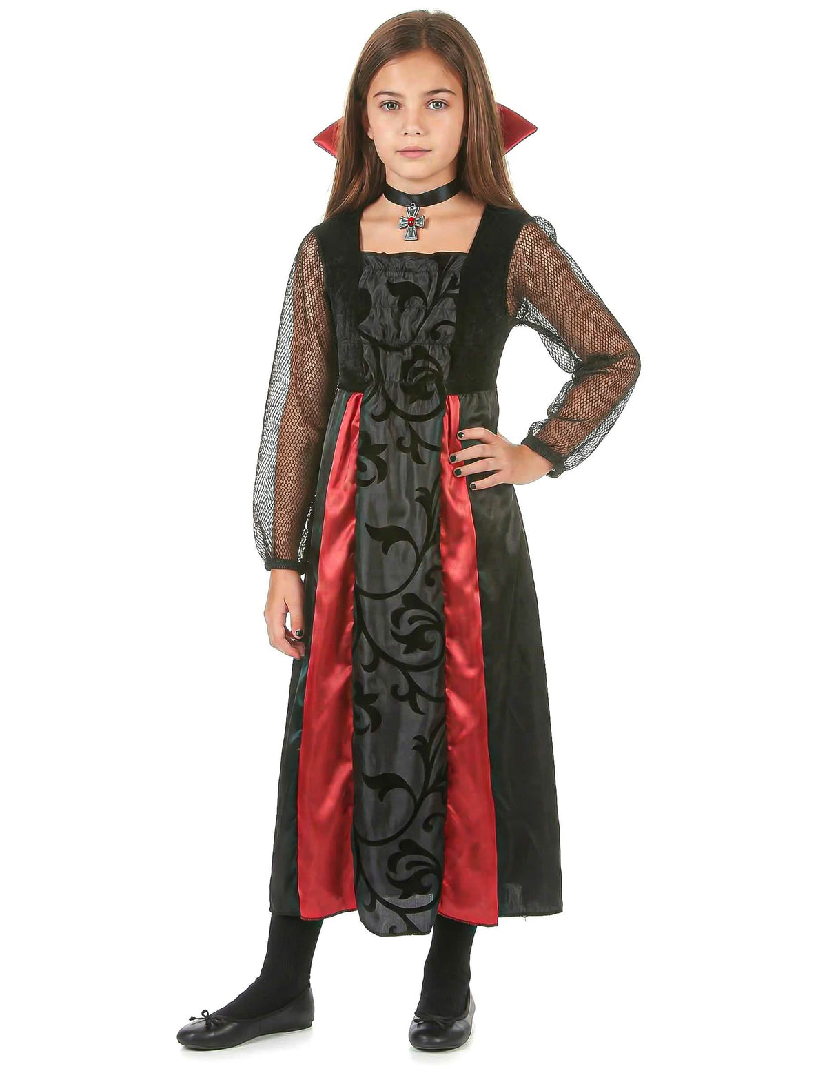 Vista frontal do fato de vampiro acetinado para menina