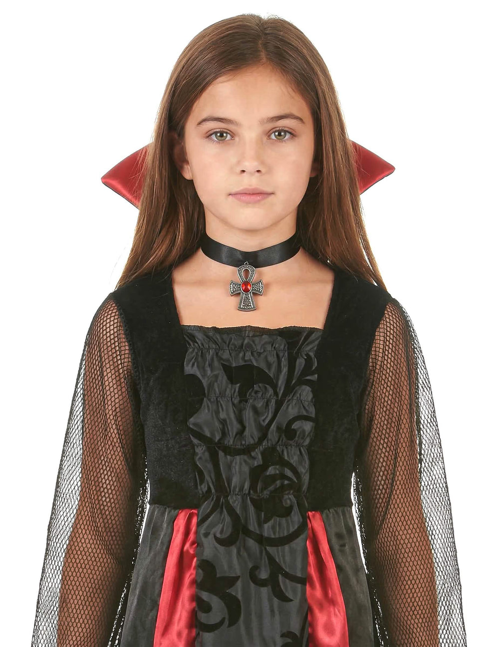 Detalhe do medalhão e da gola do disfarce Vampiro acetinado para menina