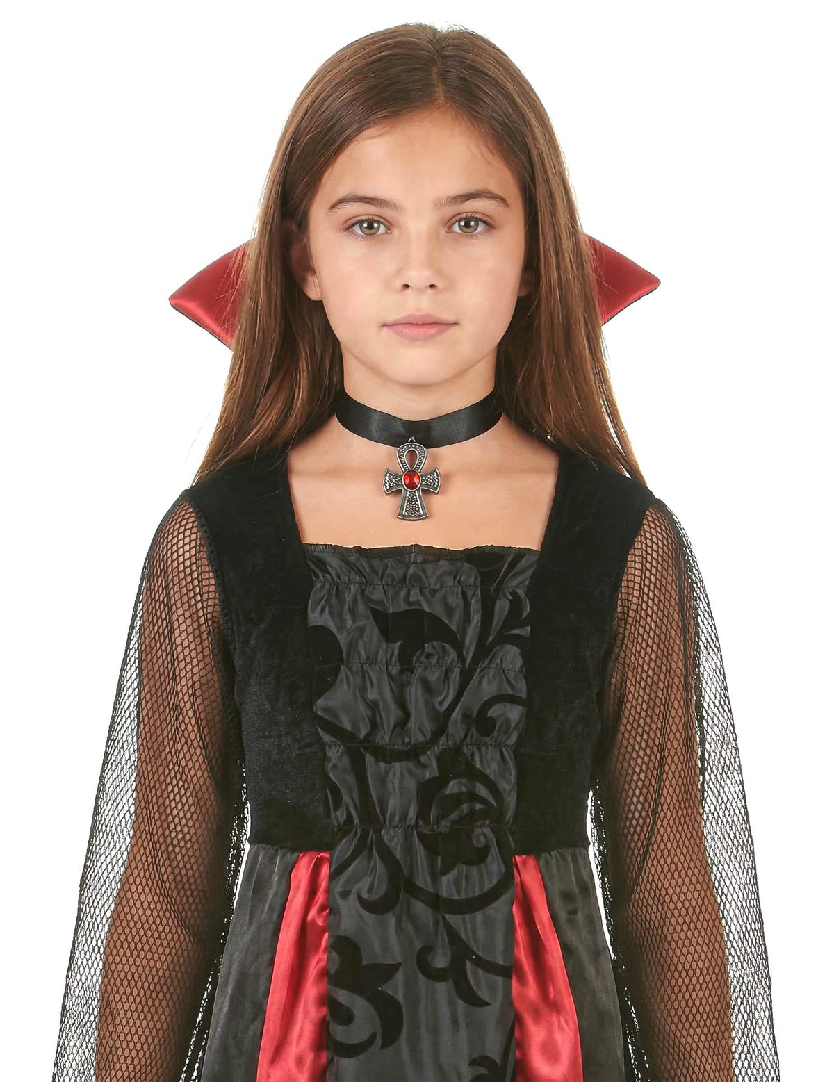 Detalhe do medalhão e da gola do disfarce Vampiro acetinado para menina