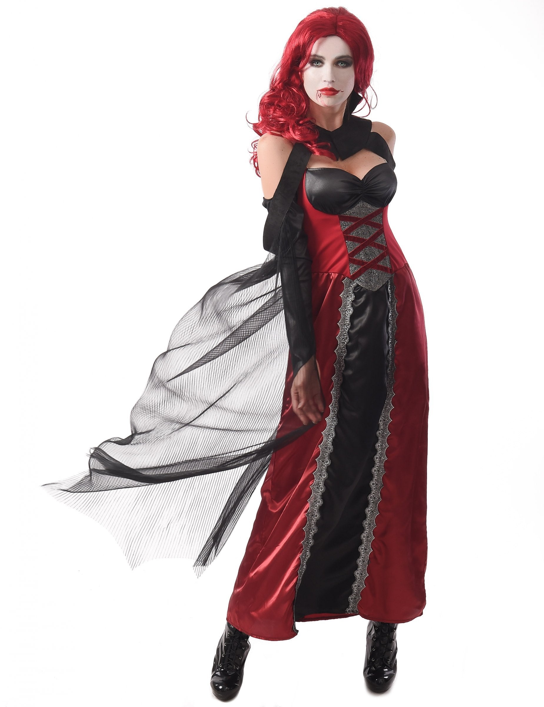 Déguisement vampire sexy pour femme rouge et noir avec voile en tulle