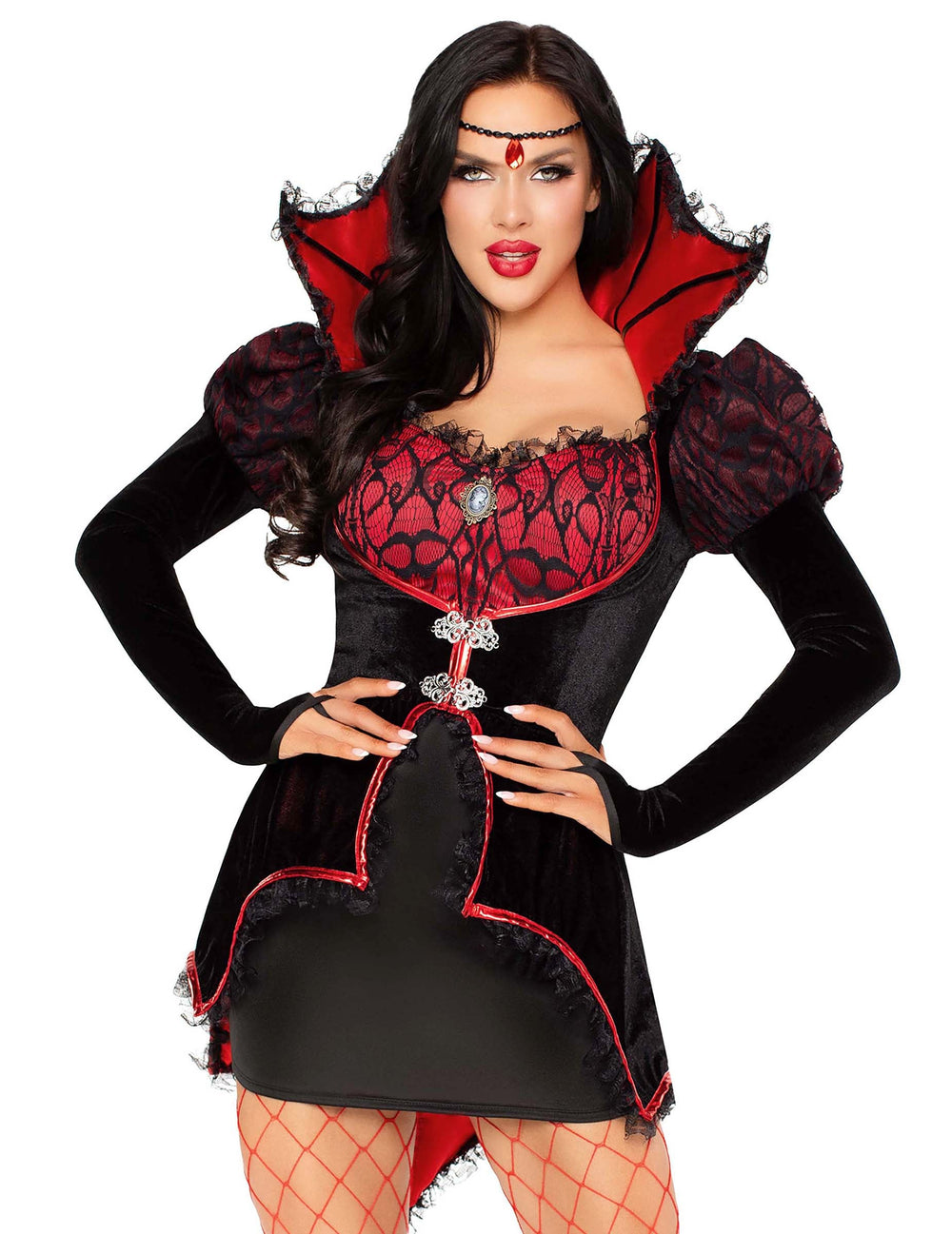 Gros plan sur le bustier et le col du déguisement vampire sexy pour femme