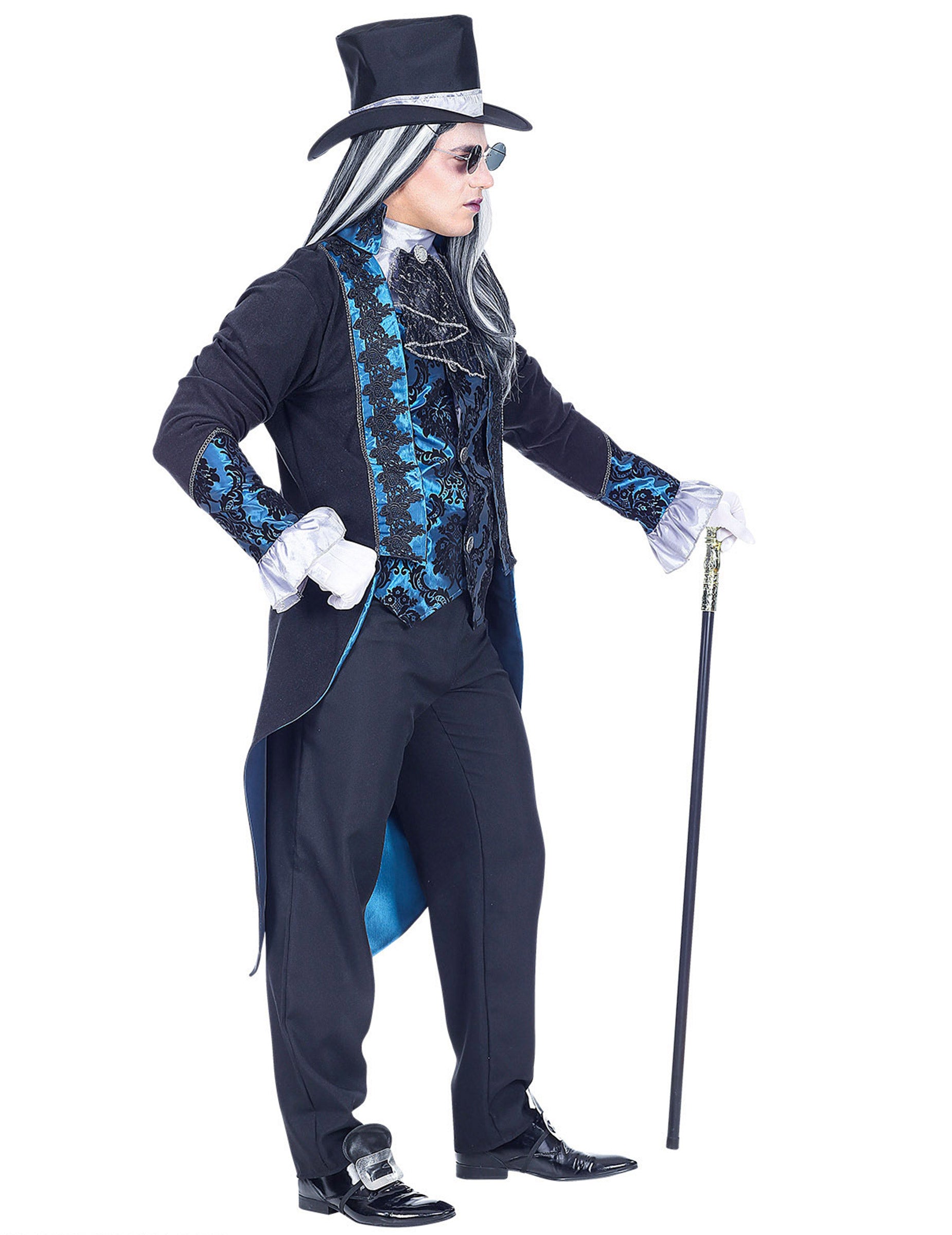 Vue de profil du déguisement de vampire victorien pour homme bleu