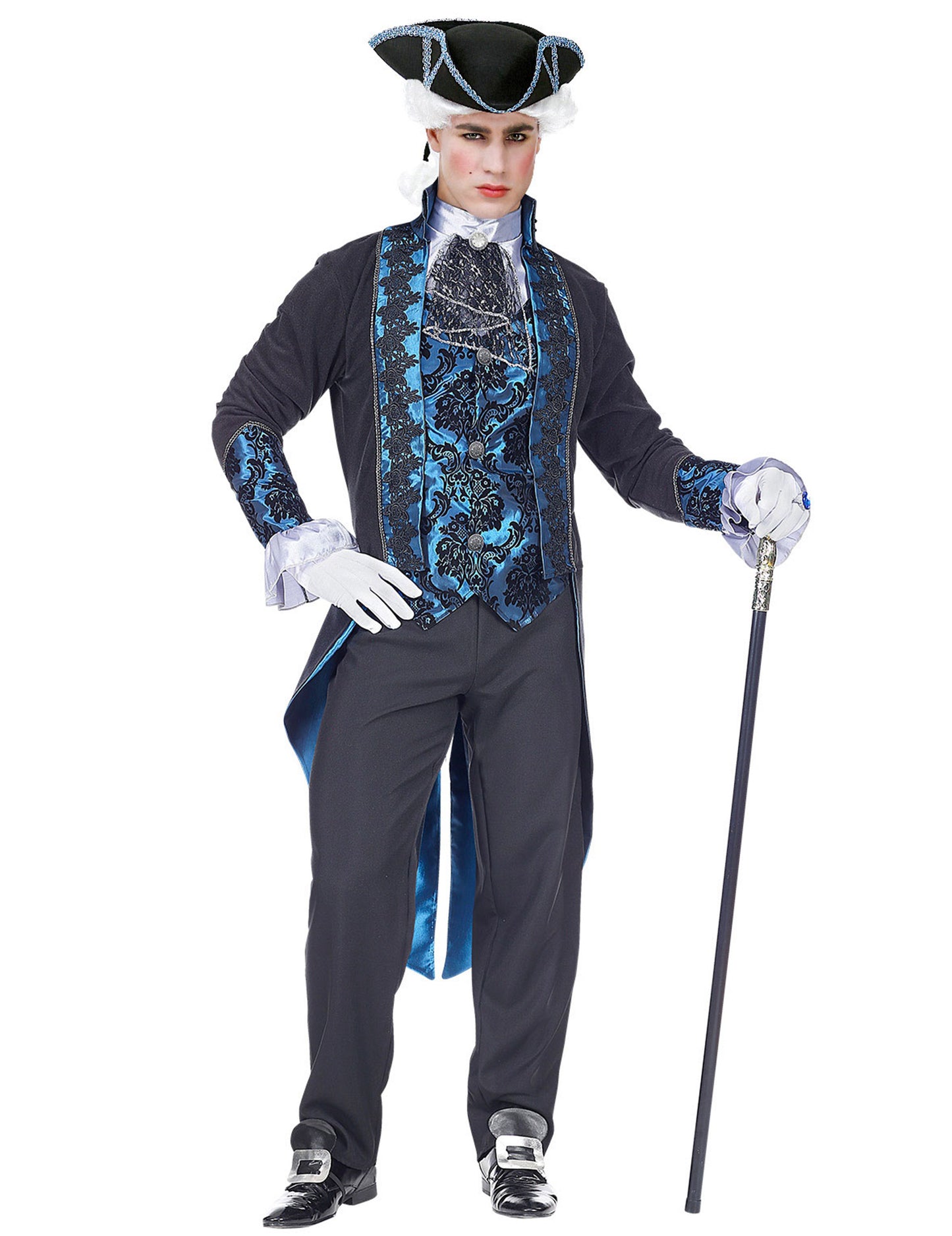 Vue de face avec canne et tricorne du déguisement de vampire victorien pour homme bleu