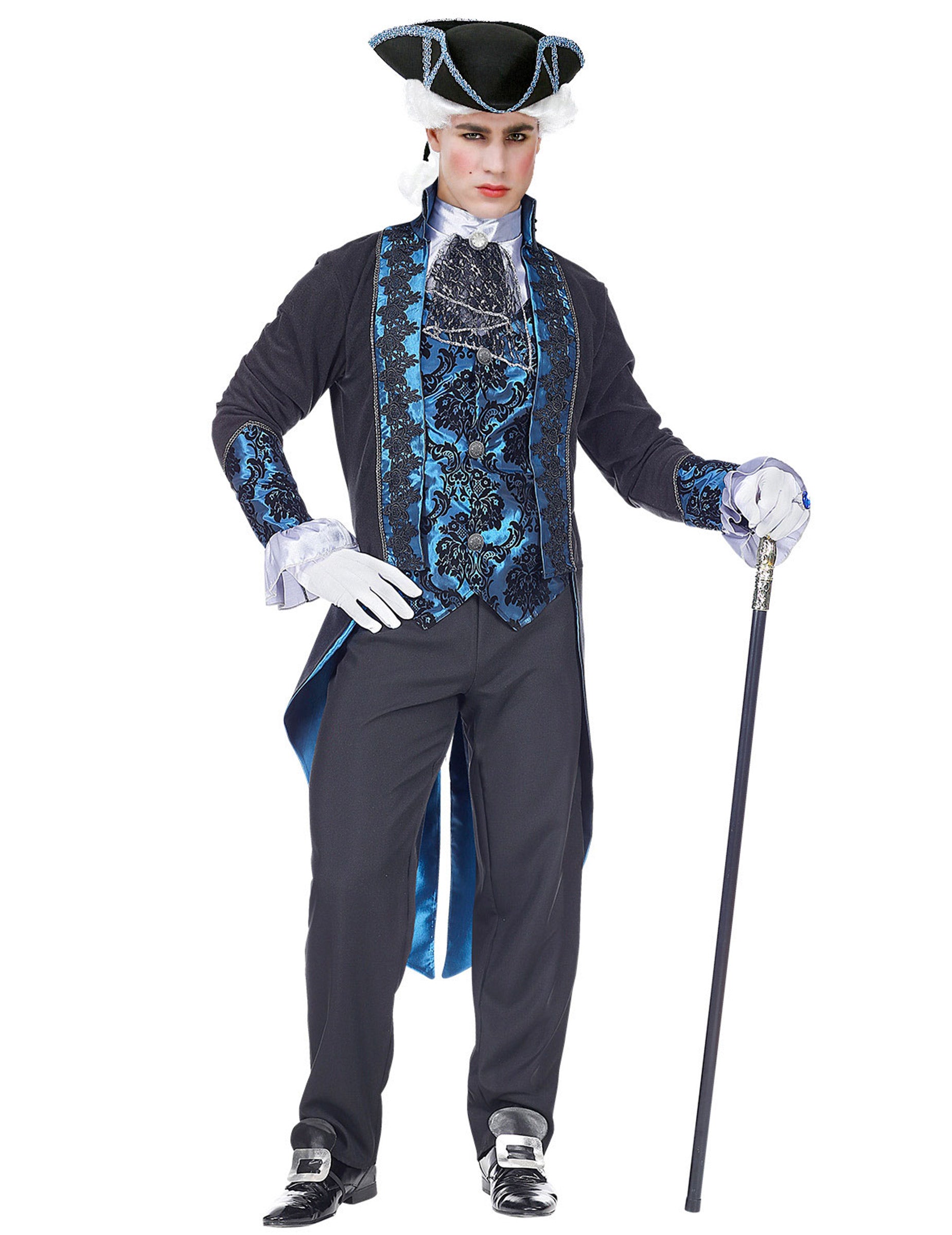 Vue de face avec canne et tricorne du déguisement de vampire victorien pour homme bleu