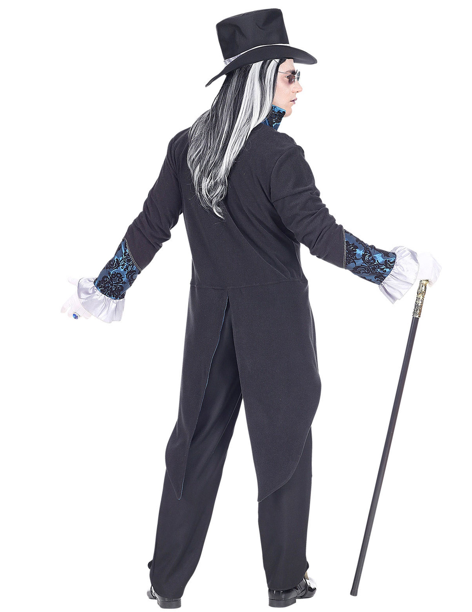 Vue de dos du déguisement de vampire victorien pour homme bleu
