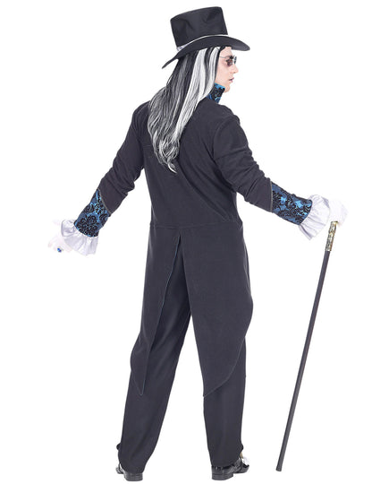 Vue de dos du déguisement de vampire victorien pour homme bleu