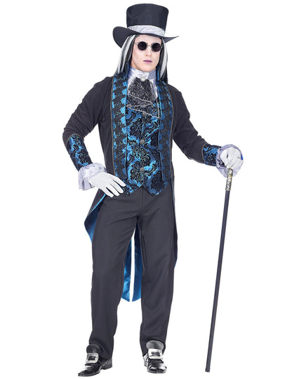 Déguisement de vampire victorien pour homme bleu avec gilet damassé et chapeau haut-de-forme